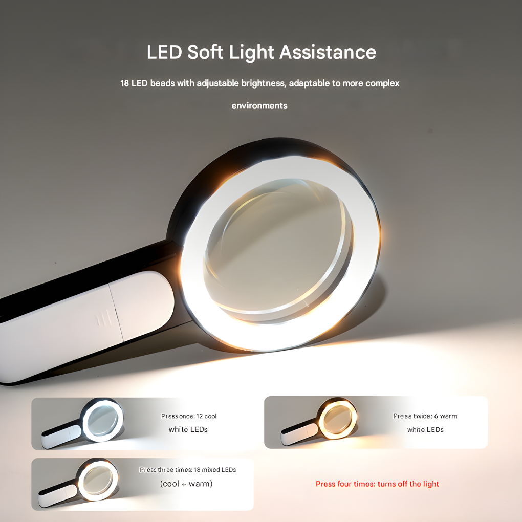 Ergonomic handheld 20x magnifying glass for reading small print & examining fine details
