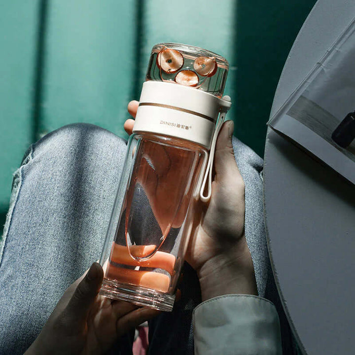 Doppelwandige Glas-Teeflasche mit Edelstahl-Sieb