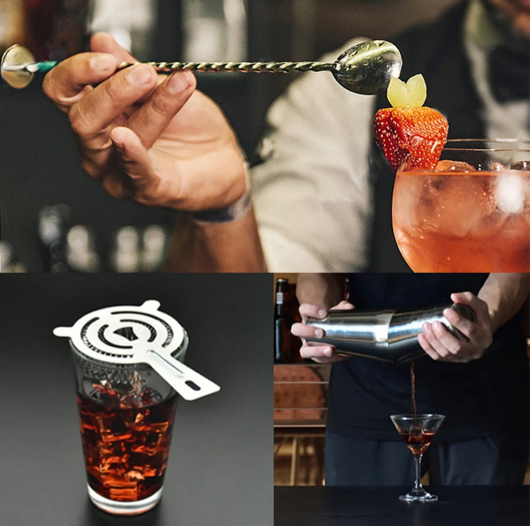 23-teiliges Edelstahl Cocktailset mit Shaker, Sieb, Jigger und mehr, präsentiert auf Bambusständer; ideal für Heim und Profi.