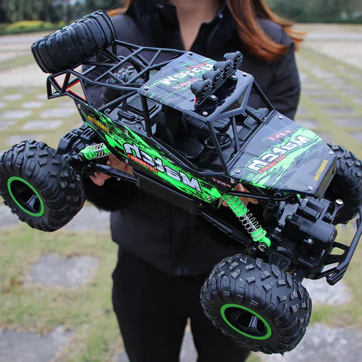 Kids' 4WD RC monster truck; all-terrain remote control toy for off-road racing & adventure. Durable electric vehicle.