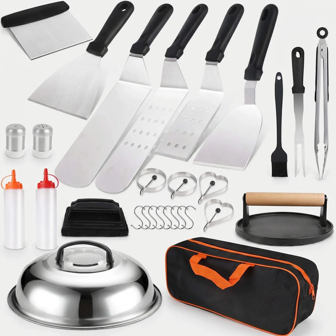 Premium 29-pc outdoor BBQ griddle tool set. Essential stainless steel utensils for grilling & chef tasks.