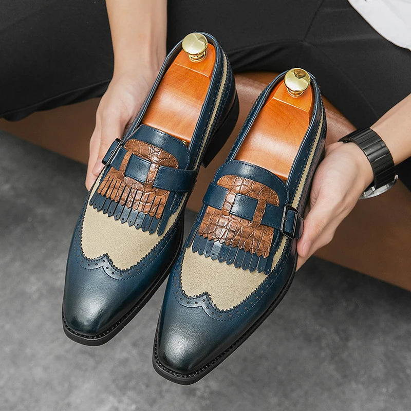 Handcrafted men's wingtip brogue loafers, elegant slip-on formal shoes for business or events.