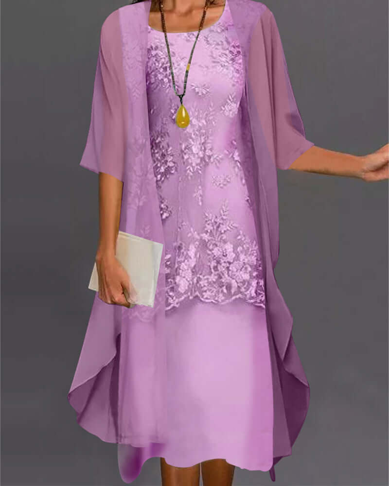 Damen Elegantes Spitzen-Chiffon-Kleid mit 3/4-Ärmeln