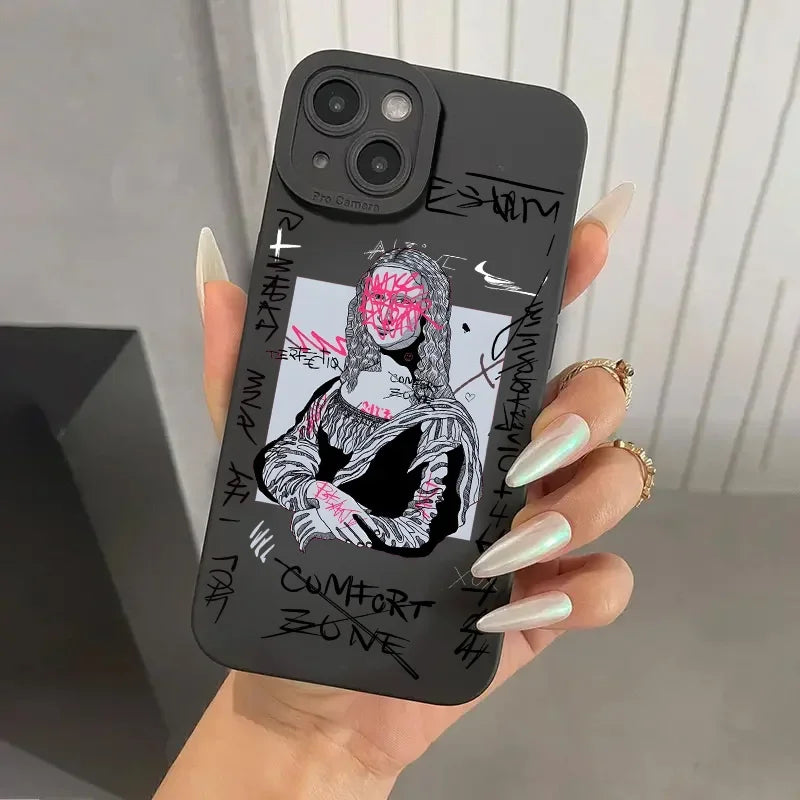 Sleek TPU iPhone case for men, featuring vibrant Mona Lisa & David graffiti art; durable phone protection.
