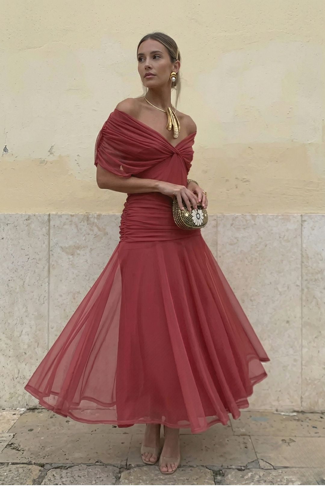 Sophisticated women's off-shoulder floral maxi dress, ruched sweetheart. Great for formal parties & spring style.