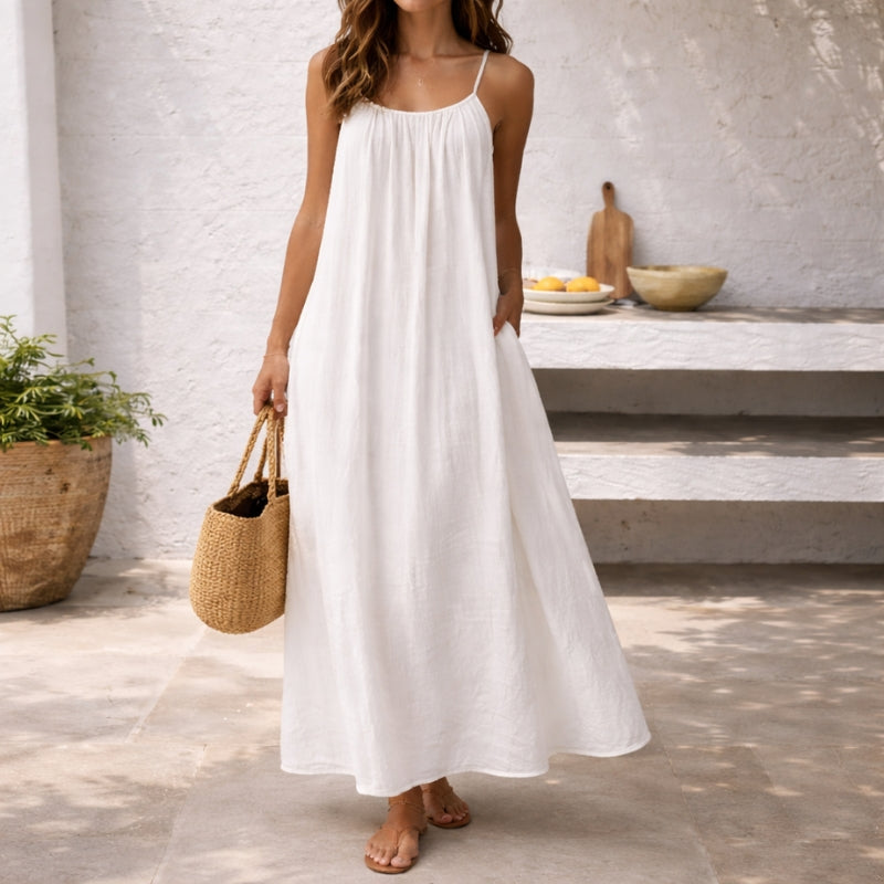 Flowy women's sleeveless maxi dress for warm weather, stylish casual sundress.