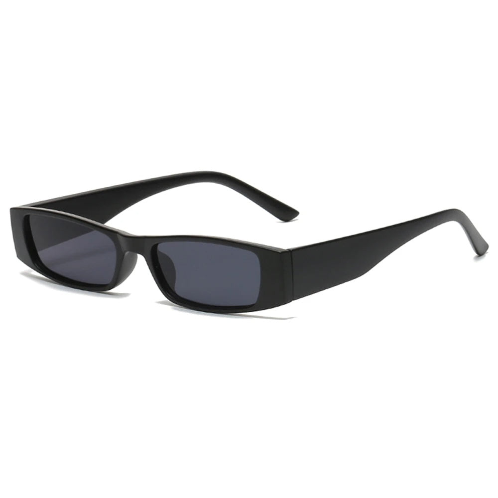 Side view of women's retro slim shades, highlighting elegant design & UV400 protection.