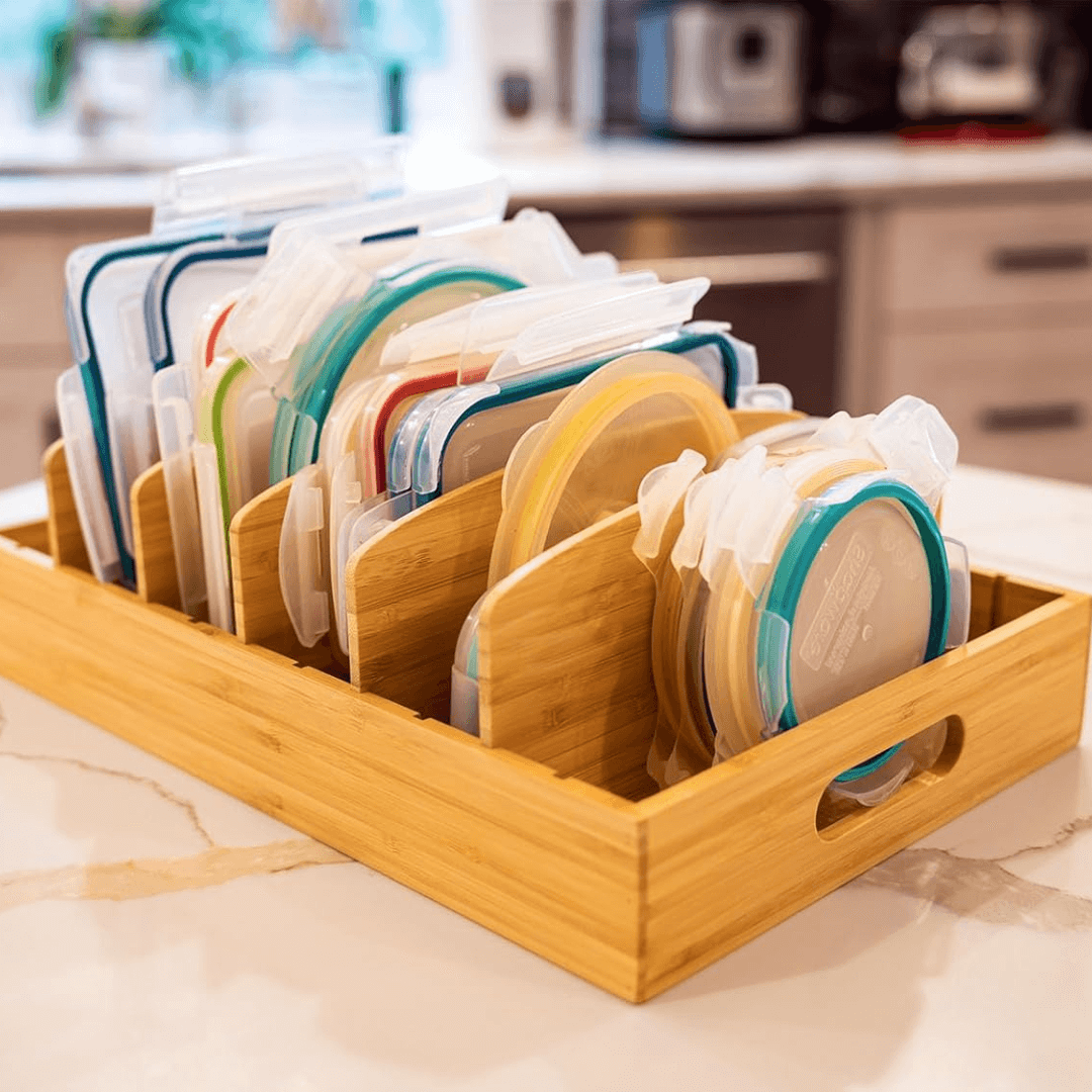 Verstellbarer Bambus-Deckelorganizer für Küche