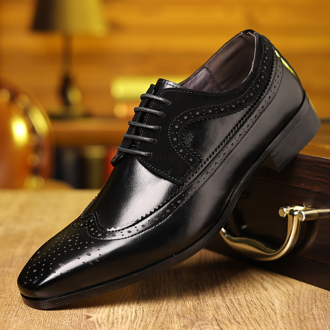 Polished men's black brogue Oxford shoes, offering timeless elegance & comfort for all-day wear.