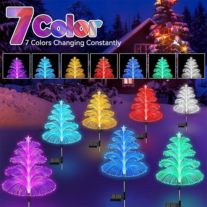 Waterproof solar Christmas tree garden lights glowing at night, auto on/off