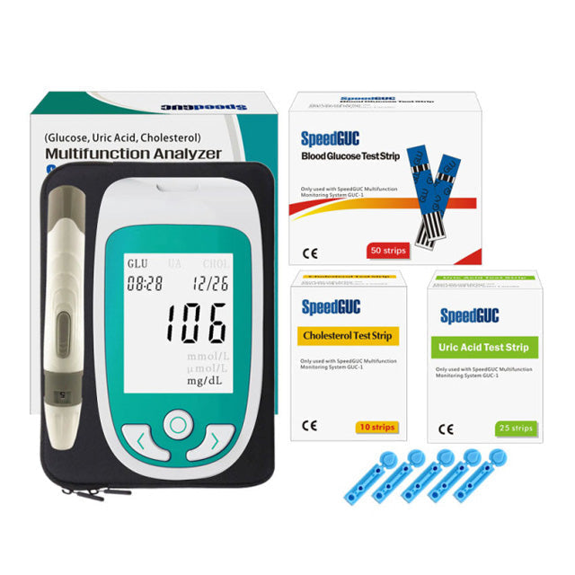 Monitor diabetes & heart health with this 3-in-1 glucose, cholesterol, uric acid blood testing kit.