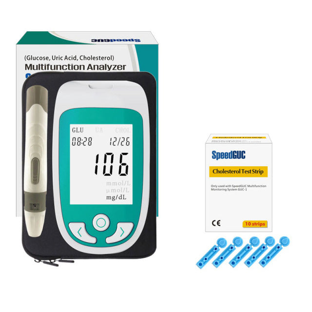 Comprehensive unisex 3-in-1 health monitor for tracking cholesterol, glucose, & uric acid levels.