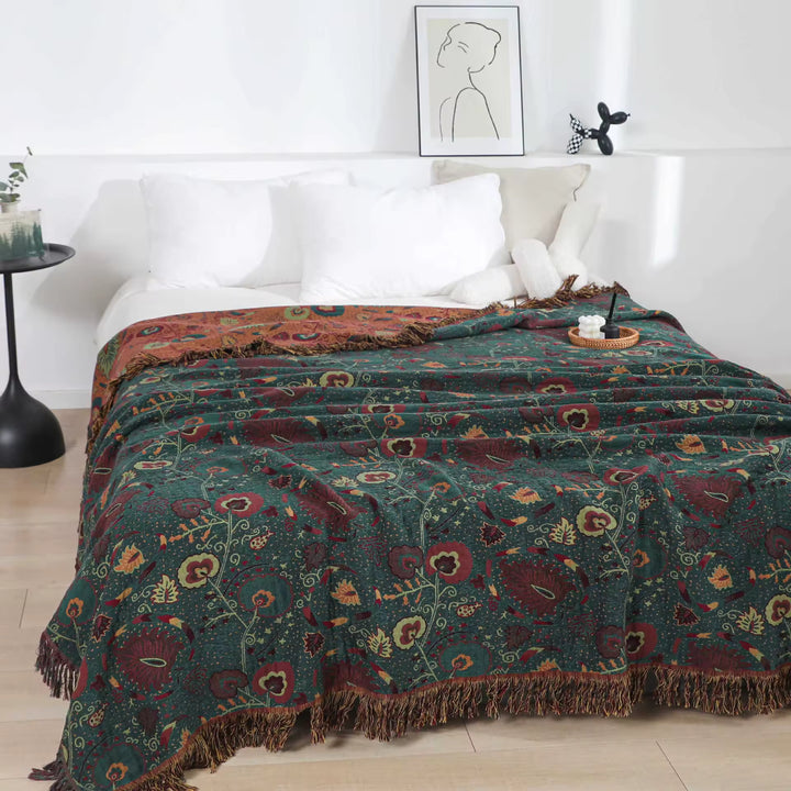 Unisex Reversible Floral Decorative Blanket with Tassels
