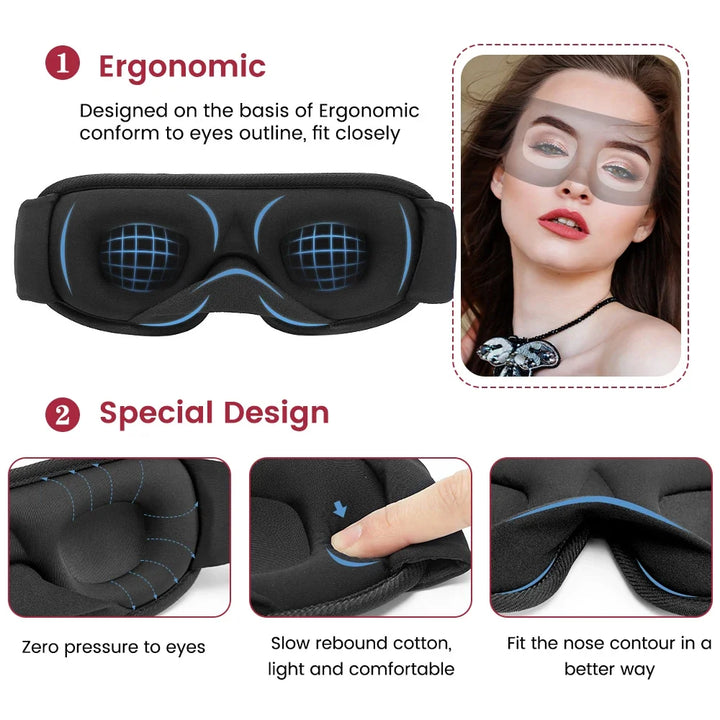 Travel blackout sleep mask for complete darkness. Unisex 3D contoured eye mask with pressure-free memory foam.