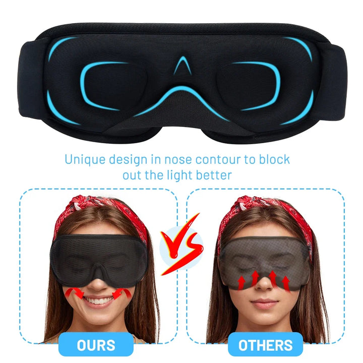 Comfortable memory foam sleep mask. Unisex 3D contoured eye mask ensures complete darkness & pressure-free restful sleep.
