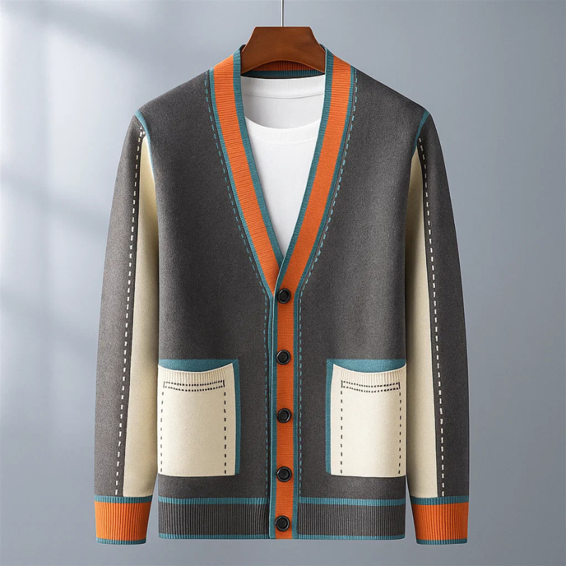 Elegant black women's button-up cardigan featuring stylish piping and practical patch pockets.