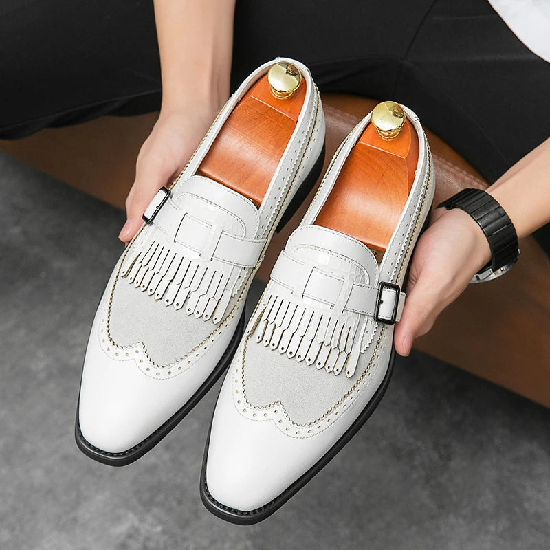 Premium Regent brogue loafers, men's slip-on dress shoes featuring intricate wingtip detailing.