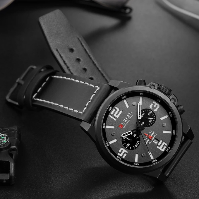 Men's durable chronograph watch featuring a comfortable brown genuine leather strap.