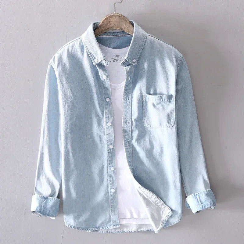 Versatile men's long-sleeve button-down shirt, perfect layering piece for casual or everyday outfits.