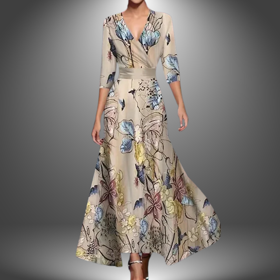 Flowy long boho maxi dress for women, featuring a stylish V-neck and comfortable half sleeves, ideal for summer.