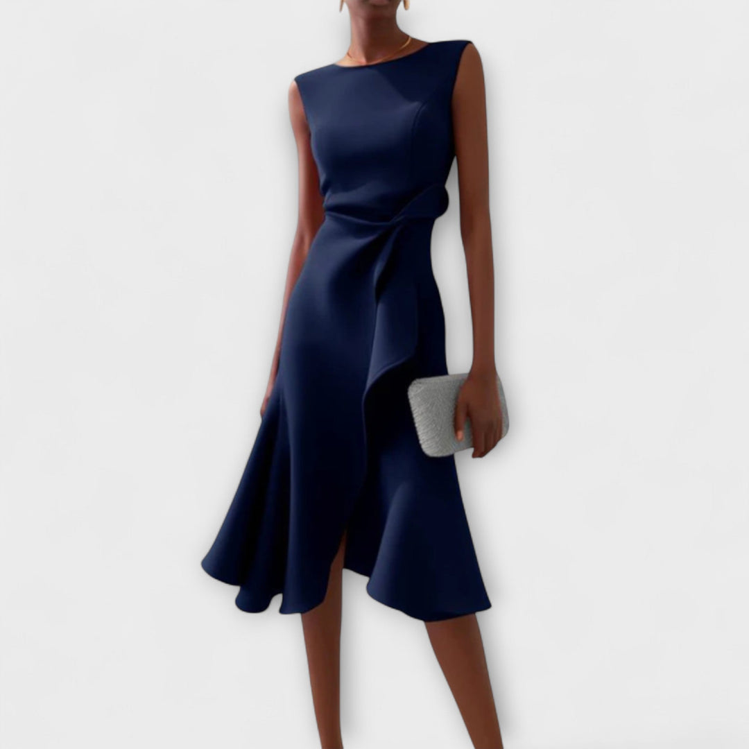 Formal women's wedding guest dress with a modern asymmetric ruffle design & chic draped bodice.