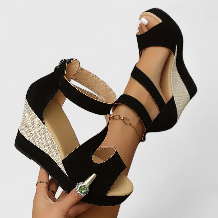 Stylish women's comfortable wedge sandals. Orthopedic design, elastic straps & woven heel perfect for casual summer support.