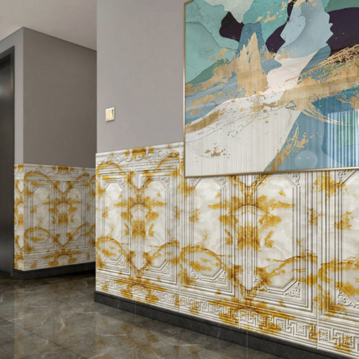 Durable water-resistant 3D vinyl panels, peel and stick for versatile wall decor.