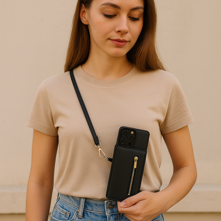 "3in1 Handyhülle mit Kartenfach und Umhängetasche in elegantem Design, ideal für Alltag und Reisen."