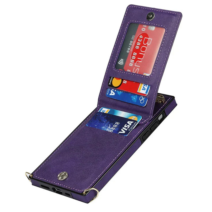 "3in1 Handyhülle mit Kartenfach und Umhängetasche in elegantem Design, ideal für Alltag und Reisen."