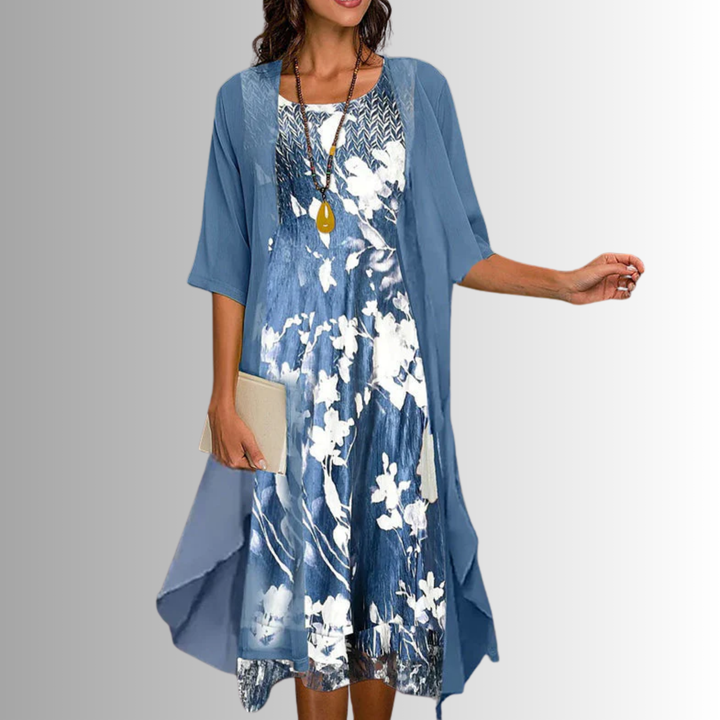 Beautiful floral print midi dress for women, paired with a sheer, lightweight cardigan in a 2-piece set.