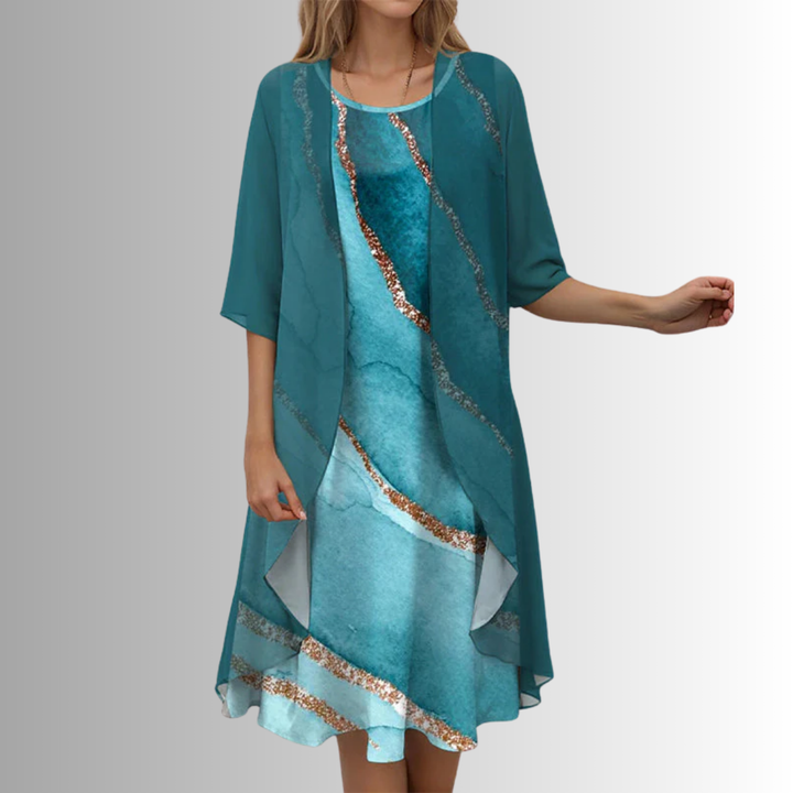 Layered modest women's floral midi dress with a sheer cardigan, a chic 2-piece set for elegant style.