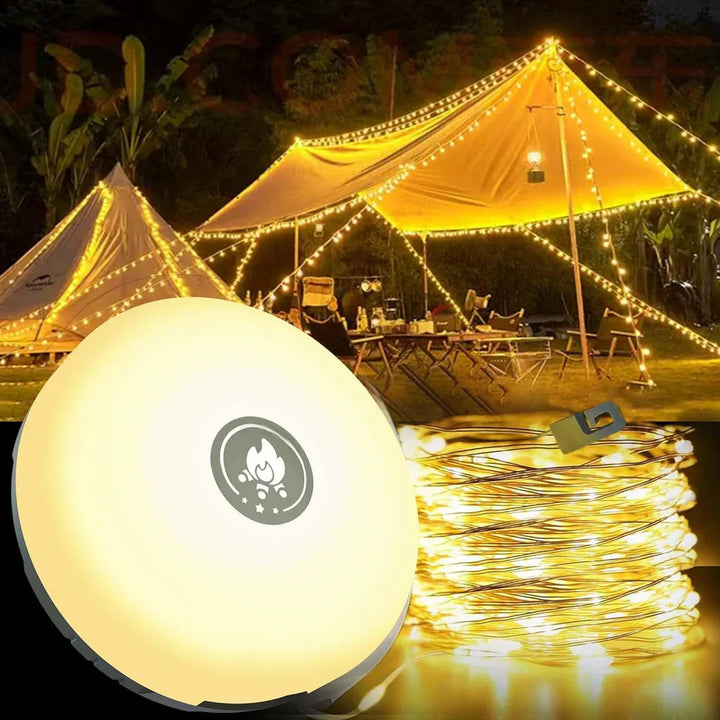 "4-in-1 Camplight, wasserdicht, multifunktional, schwarz-gold, ideal für Camping, Nachtbeleuchtung, Powerbank integriert"