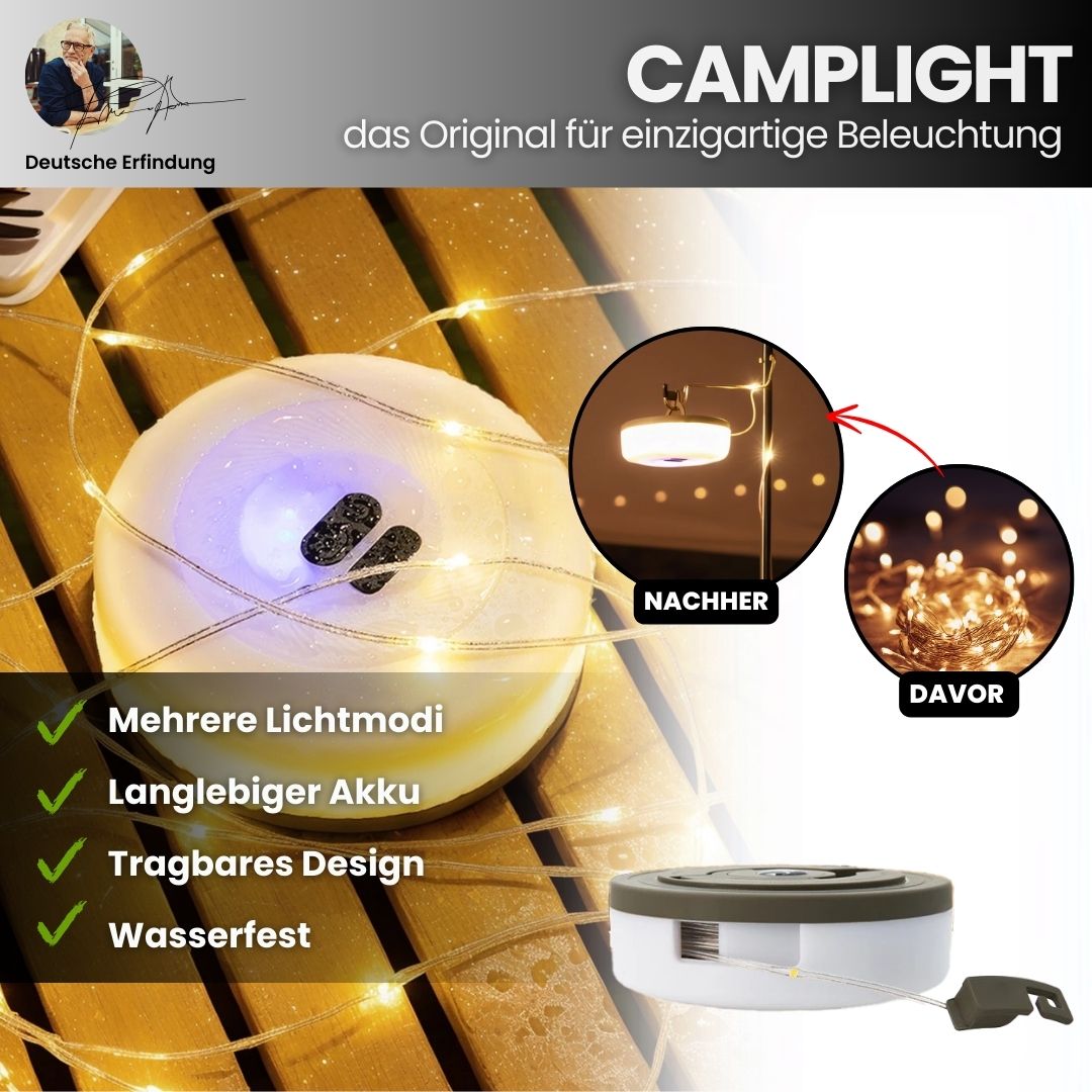 "4-in-1 Camplight, wasserdicht, multifunktional, schwarz-gold, ideal für Camping, Nachtbeleuchtung, Powerbank integriert"