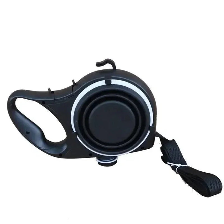 Durable nylon dog leash with water bottle, collapsible bowl, and waste bag dispenser, hands-free design