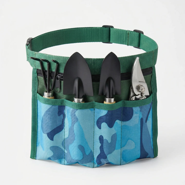 Gardener's 4-piece kit with stainless steel tools: trowel, rake, shears in a convenient belt pouch.