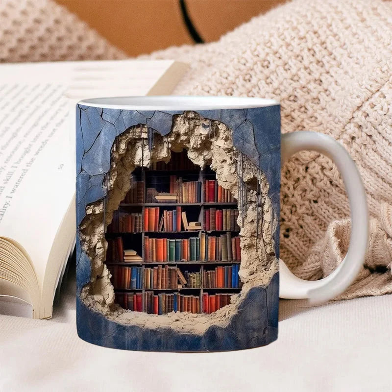 3D library bookshelf coffee mug, a unique ceramic mug featuring intricate book designs for bibliophiles.