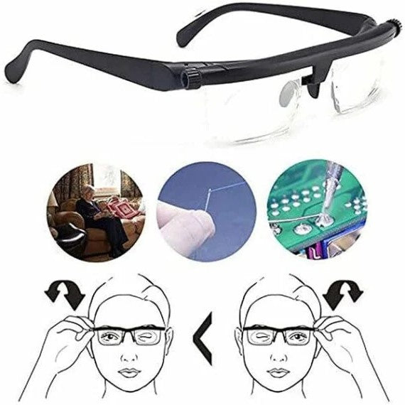 Lightweight adjustable focus glasses, perfect for near & far vision. No prescription versatile eyewear.
