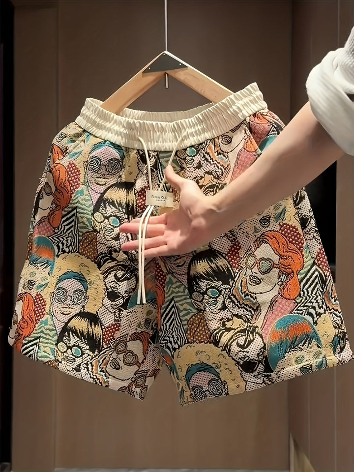 Retro pop art print unisex shorts, a vibrant graphic addition to summer streetwear and comfortable lounge fashion.