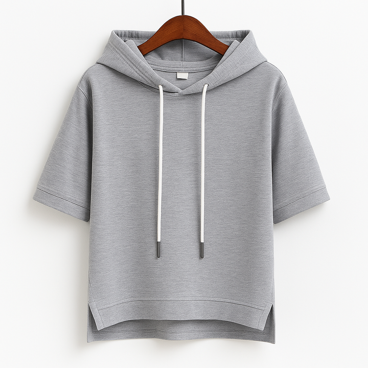 Trendy women's short sleeve hoodie, ideal for spring & summer casual outfits. Relaxed fit for ultimate comfort.