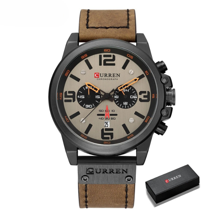 Professional men's chronograph watch, a timeless accessory with brown leather & steel.