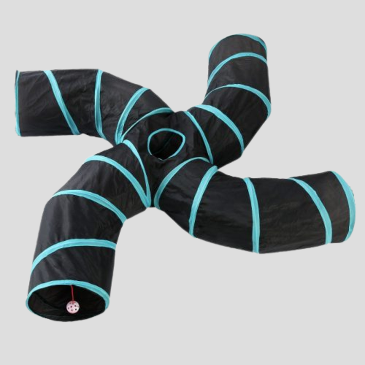 Interactive cat play tunnel with multiple exits for feline fun, exercise, and enrichment for kittens & indoor cats.