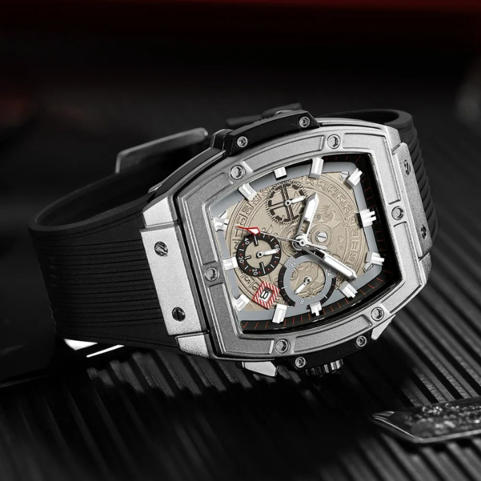 Stylish men's casual timepiece featuring a durable design, multifunctionality, and sleek black finish.
