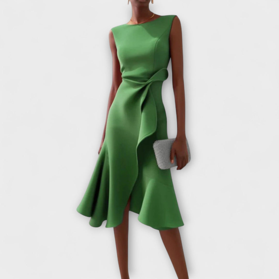 Full view of a women's sophisticated sleeveless midi dress, featuring a draped asymmetric ruffle design.