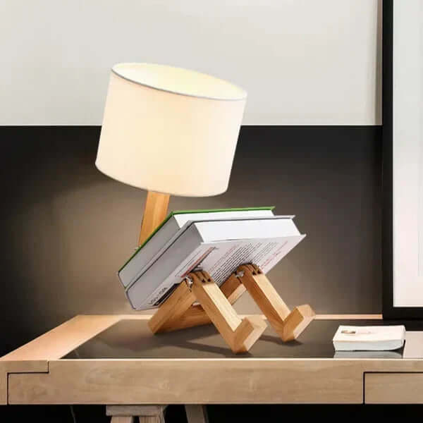 Hölzerne Tischlampe mit Bücherhalter - Flexibel & Modern