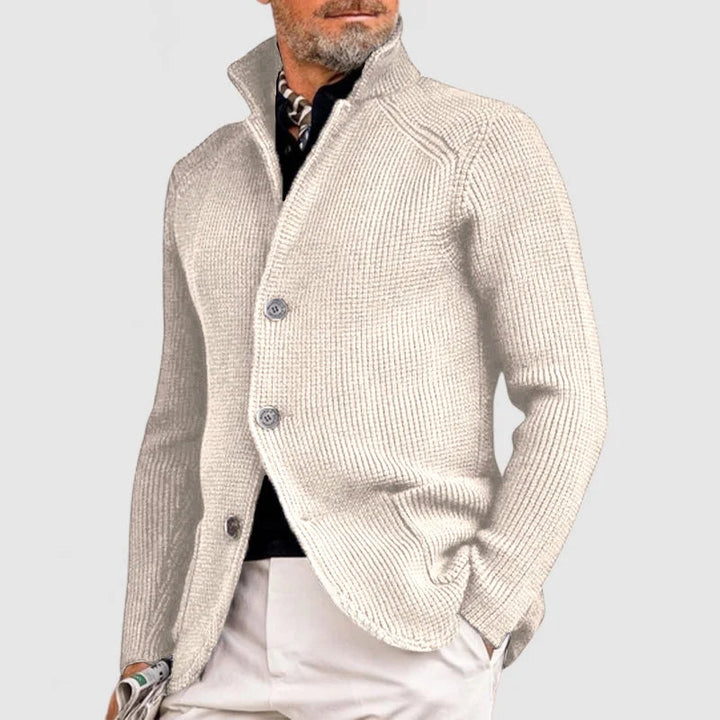 Men's versatile fall fashion cardigan. Rib knit design with a shawl collar, suitable for layering.