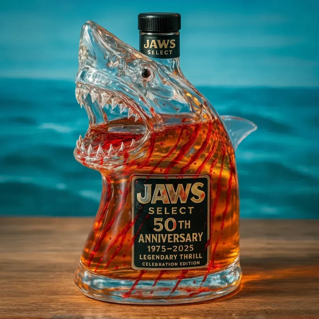 Limited Edition Great White Shark Glass Decanter. Hand-blown art for whiskey, wine, or spirits. Unique barware decor.