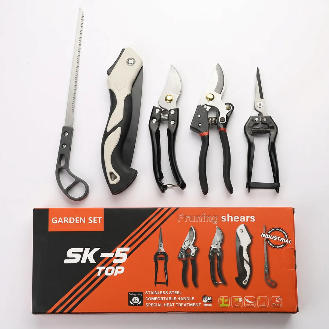 Durable 5-piece gardening kit with pruning shears, folding saw, trowel, cultivator, & weeder for plant care.
