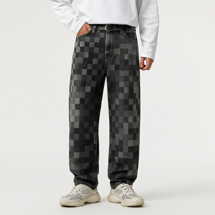 Comfortable men's relaxed fit jeans, showcasing a unique mosaic pixelated style. Straight leg, versatile fashion denim.