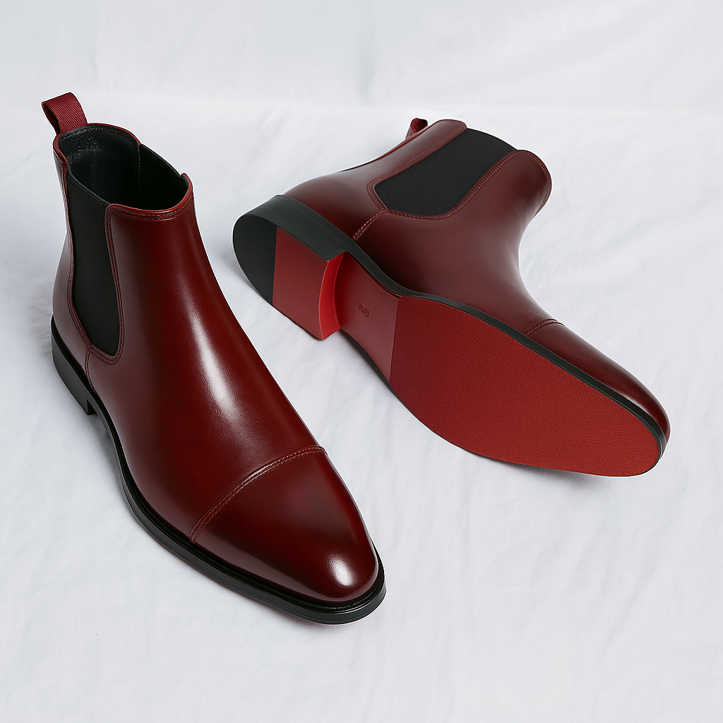 Men's durable black Chelsea boots, fashion-forward design with a bold signature red sole detail.
