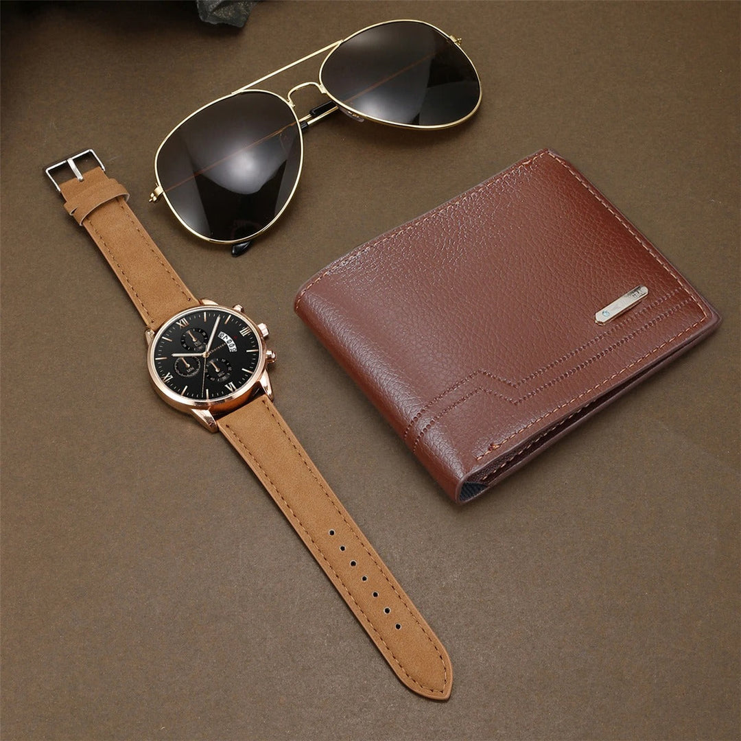 Complete men's accessories gift set: watch, genuine leather wallet, and aviator sunglasses for men's style.